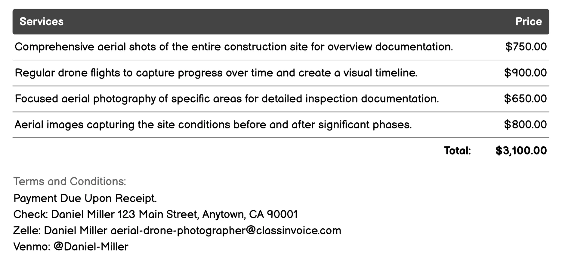 Construction Site Documentation Invoice Example
