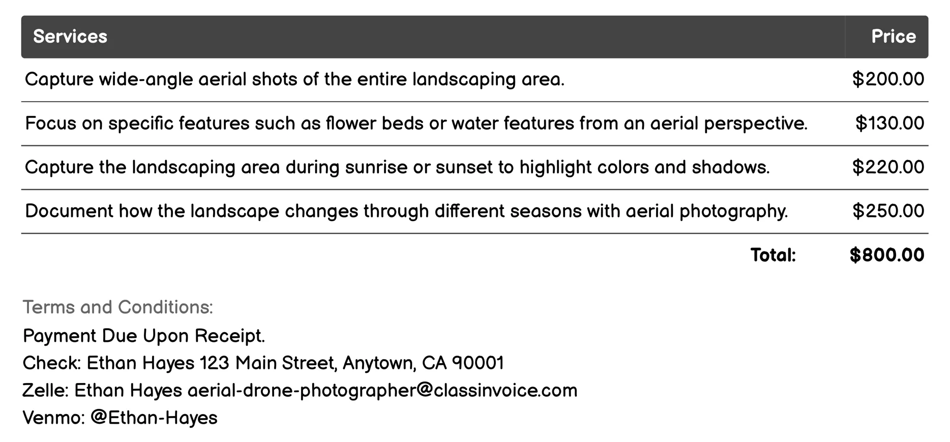 Landscaping Photography Invoice Example