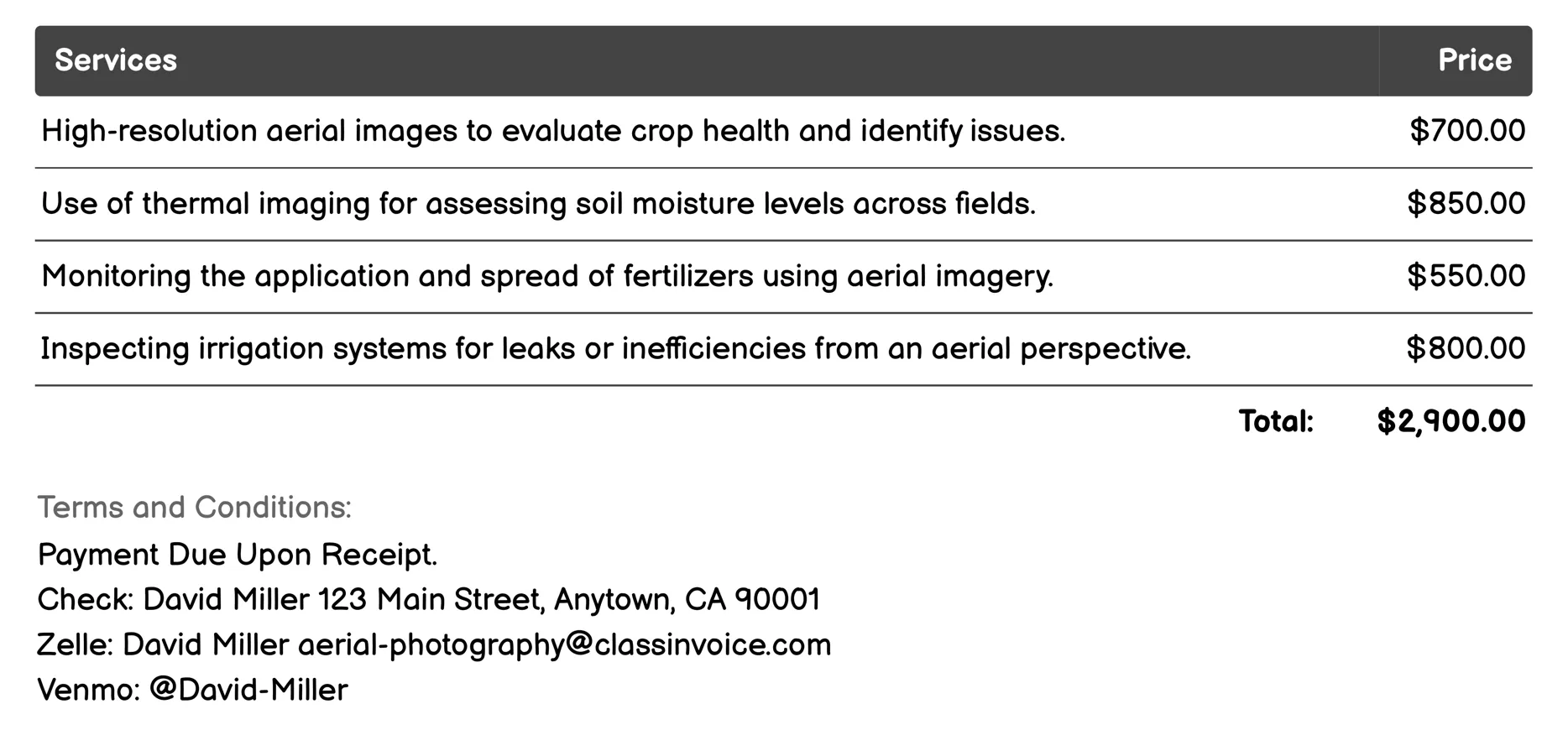 Agricultural Monitoring Invoice Example
