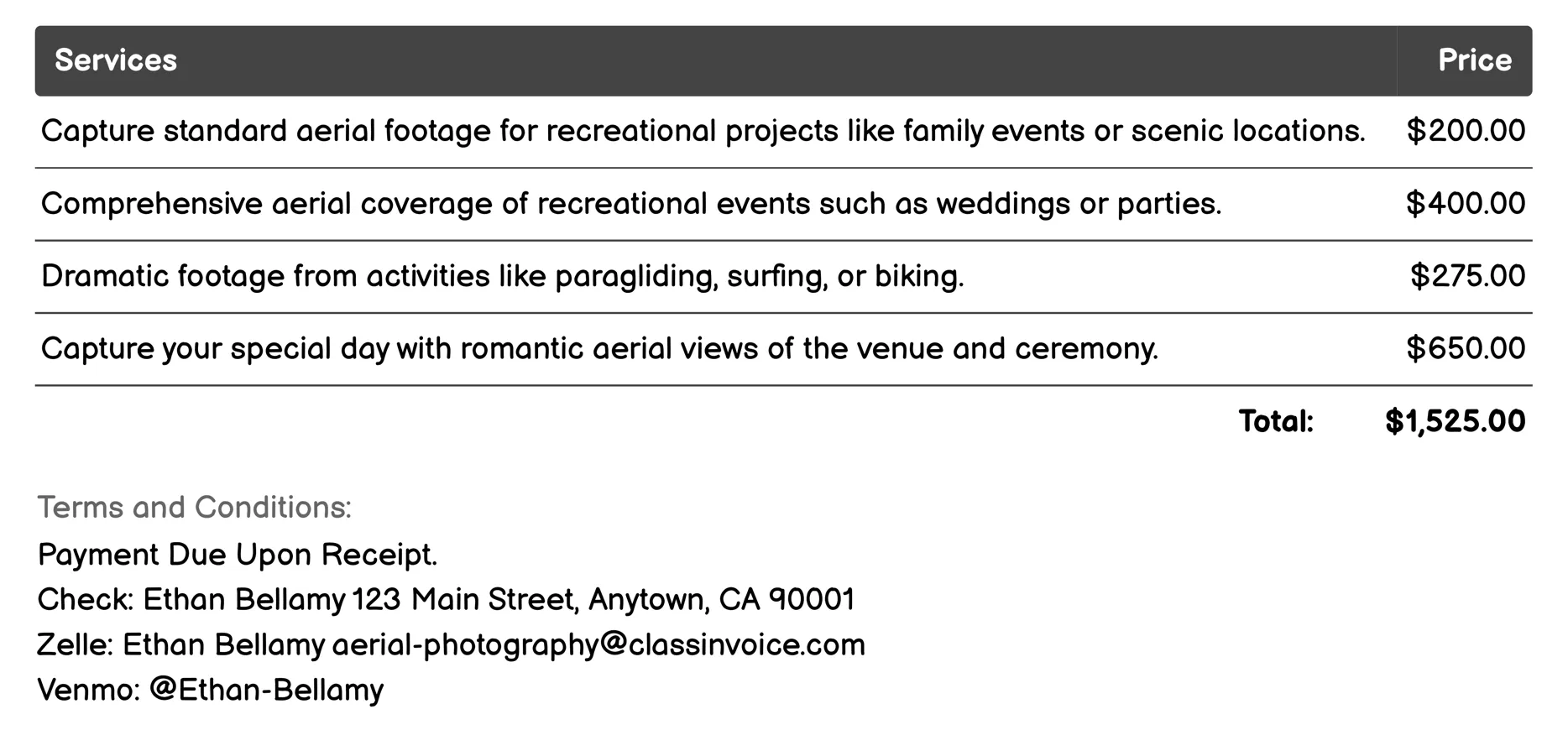 Recreational Filming Invoice Example