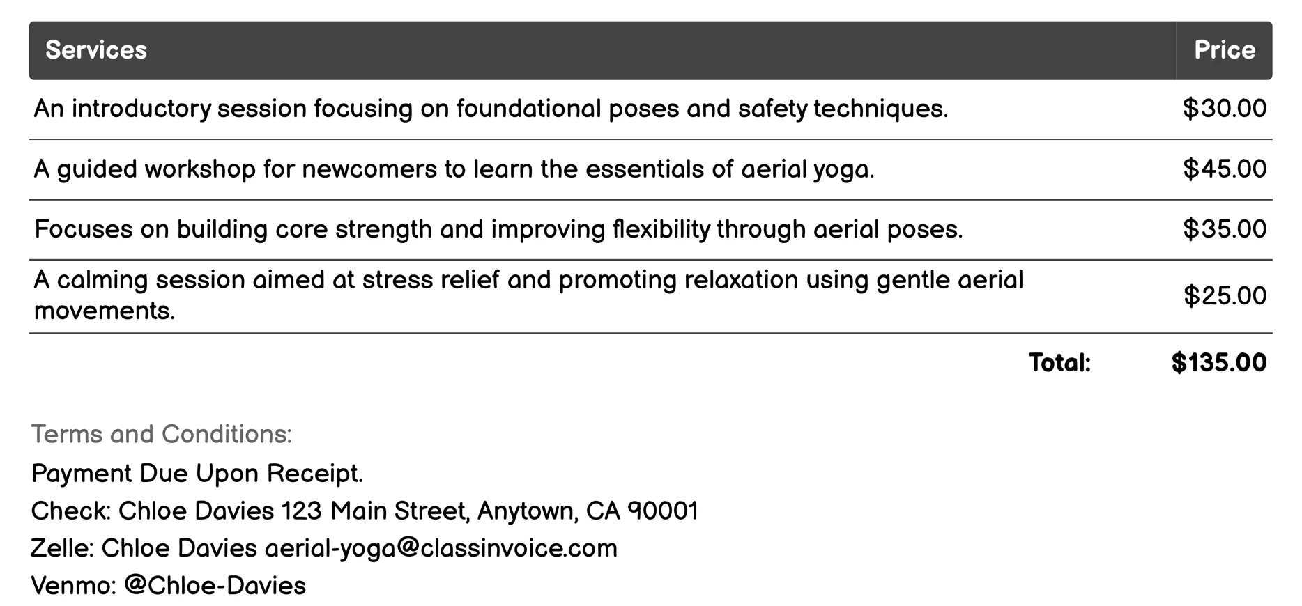 Aerial Yoga Mat Class Invoice Example