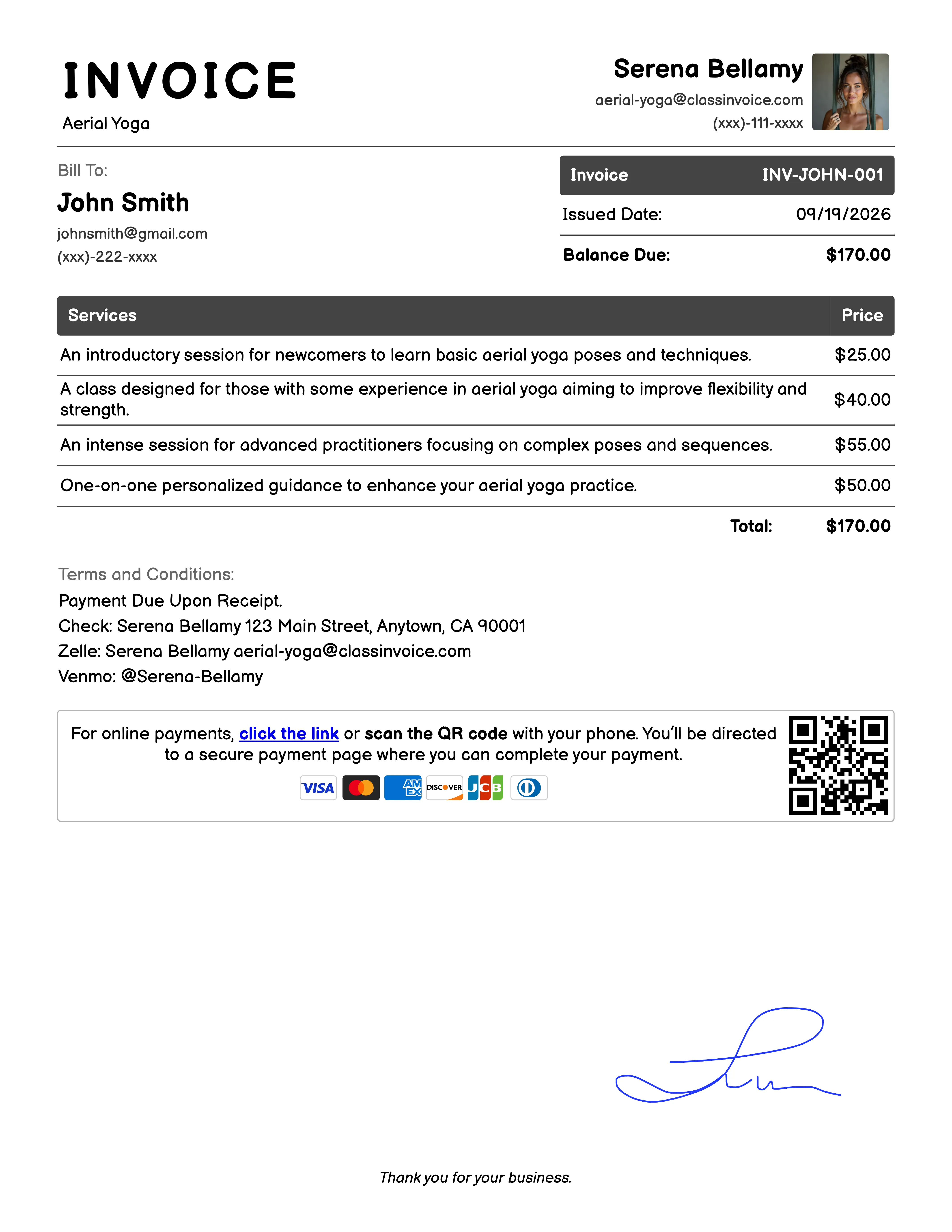 Aerial Yoga Invoice Exampl