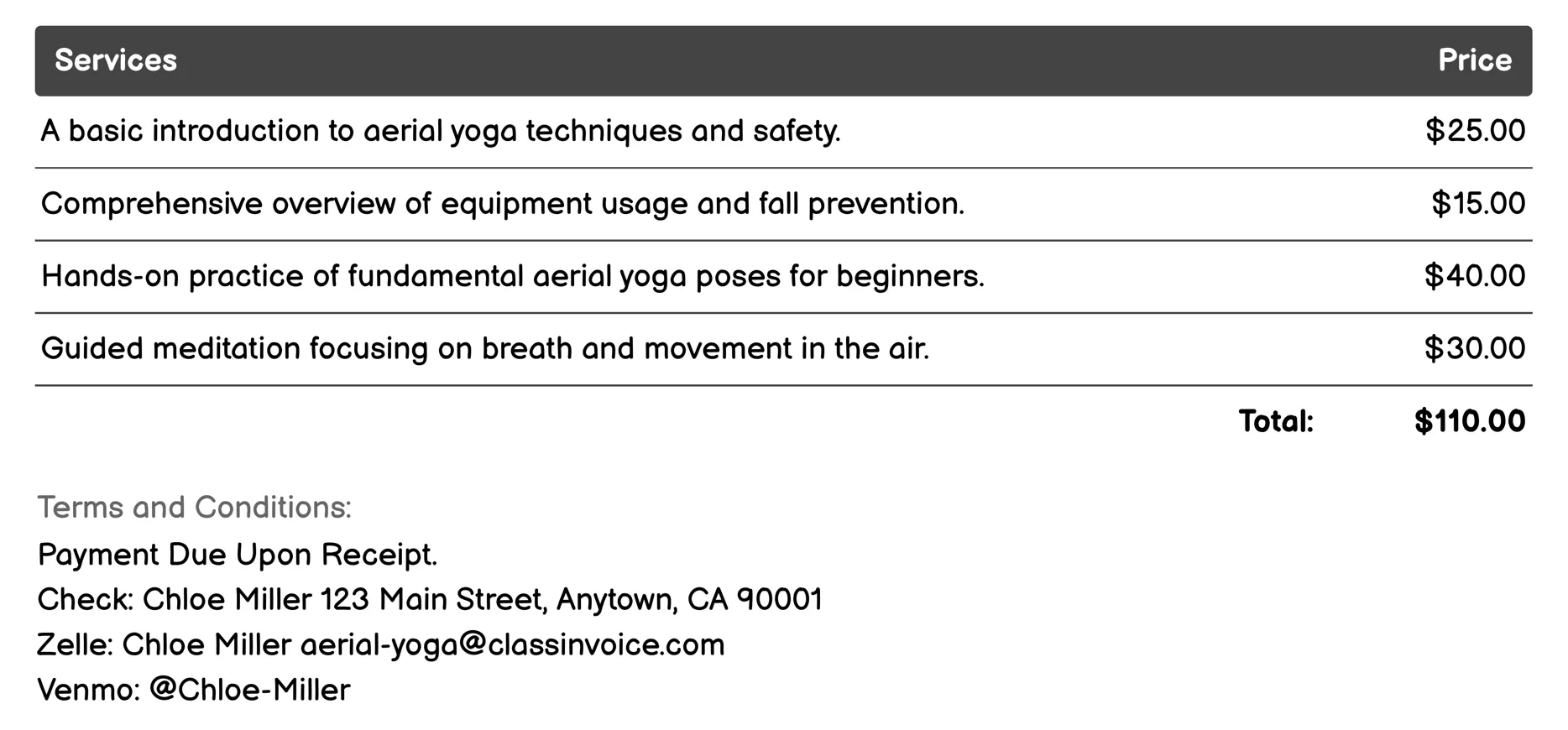 Beginner Aerial Yoga Class Invoice Example