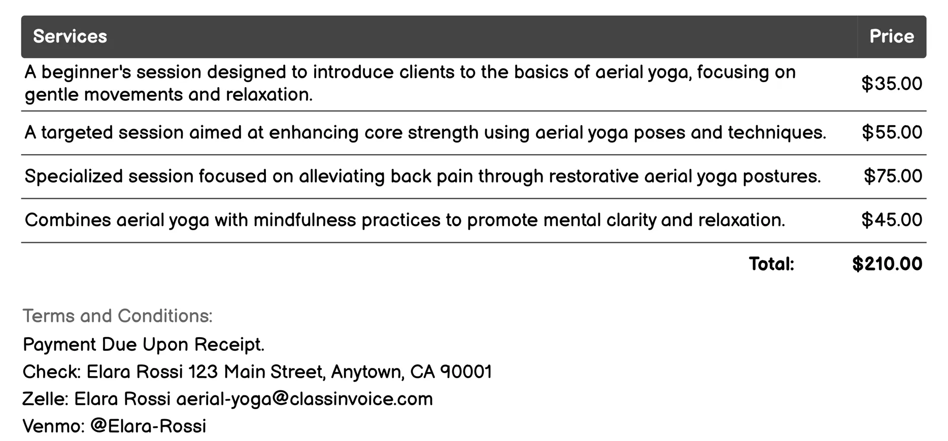 Recovery Aerial Yoga Therapy Invoice Example