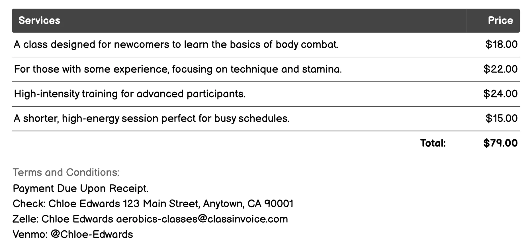 Body Combat Invoice Example