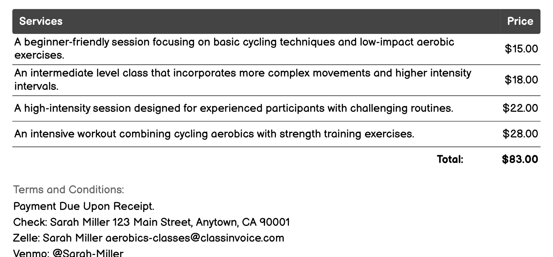Cycling Aerobics Invoice Example