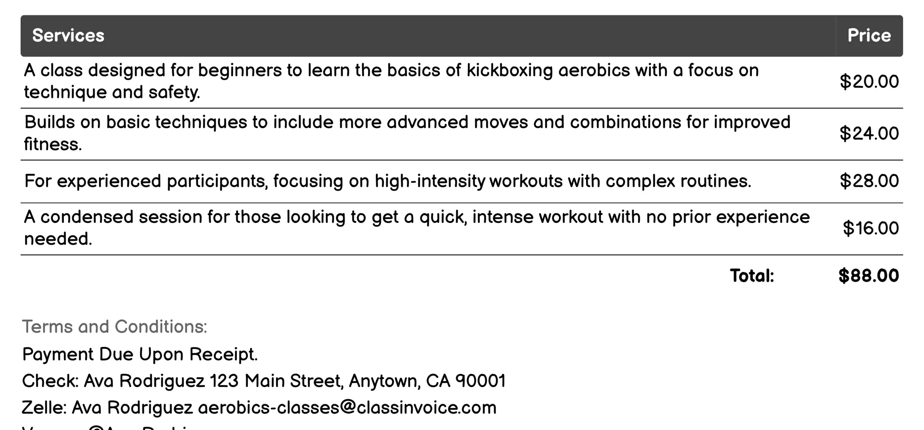 Kickboxing Aerobics Invoice Example