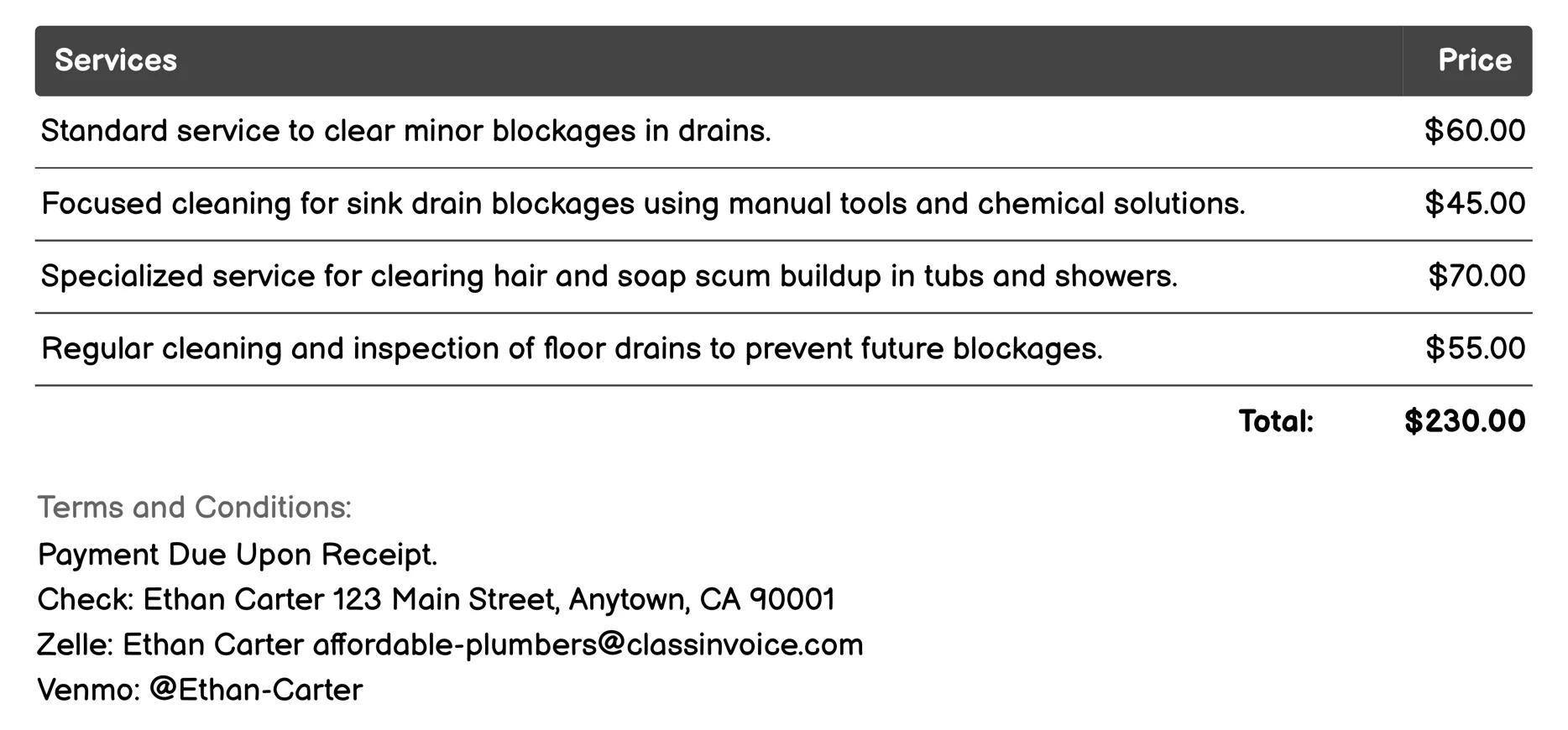 Drain Cleaning Invoice Example