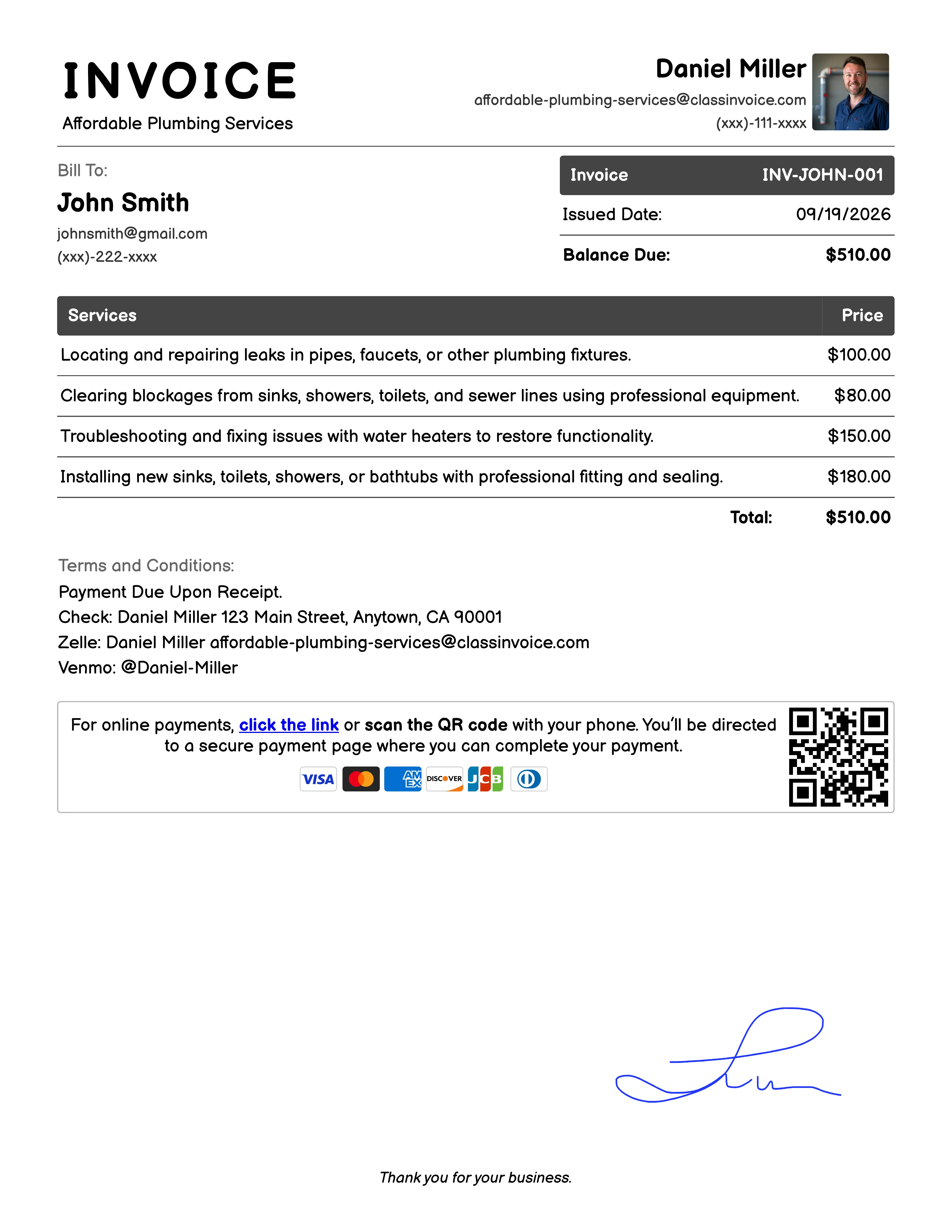 Affordable Plumbing Services Invoice Example