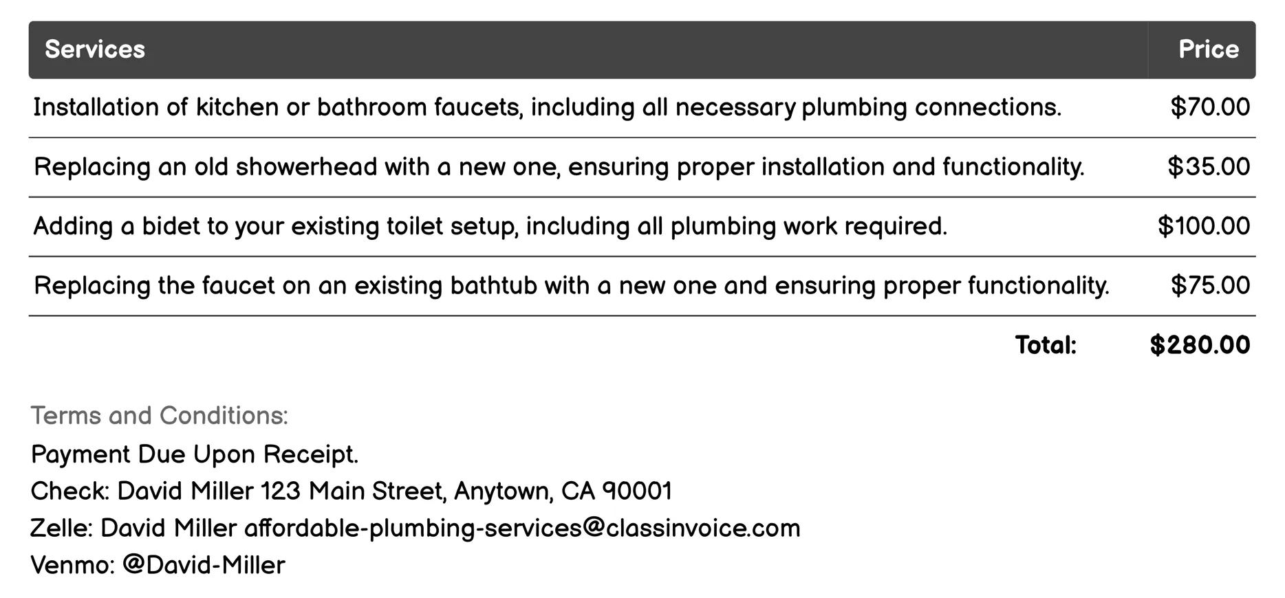 Fixture Installation Invoice Example