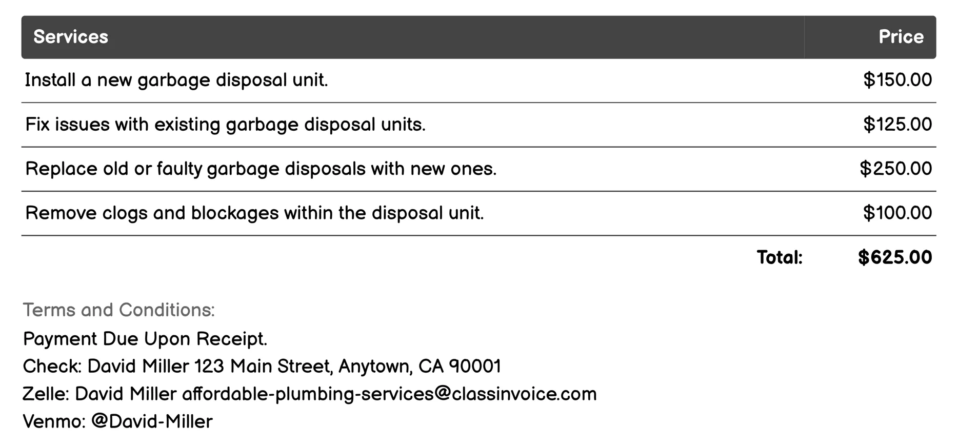 Garbage Disposal Services Invoice Example