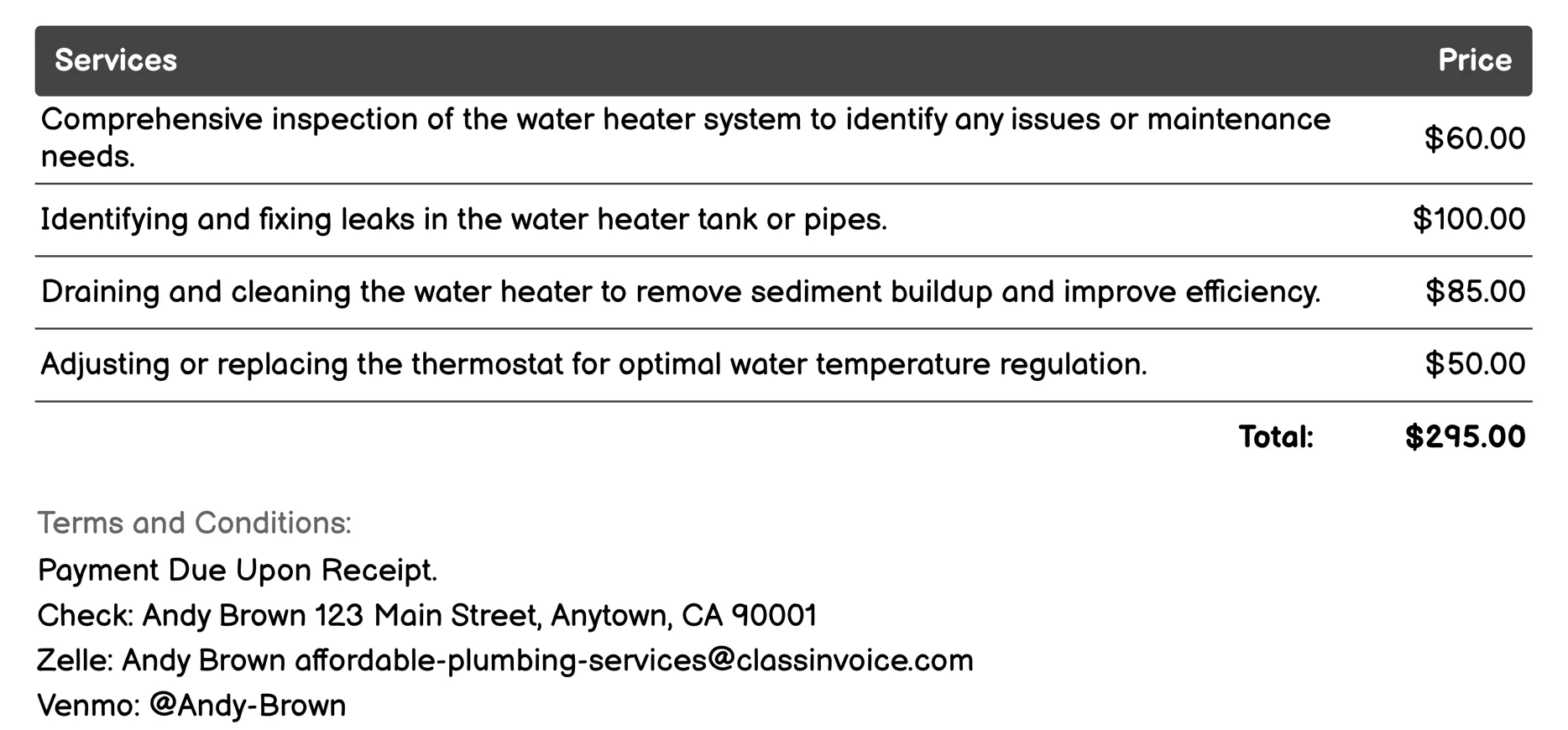 Water Heater Services Invoice Example