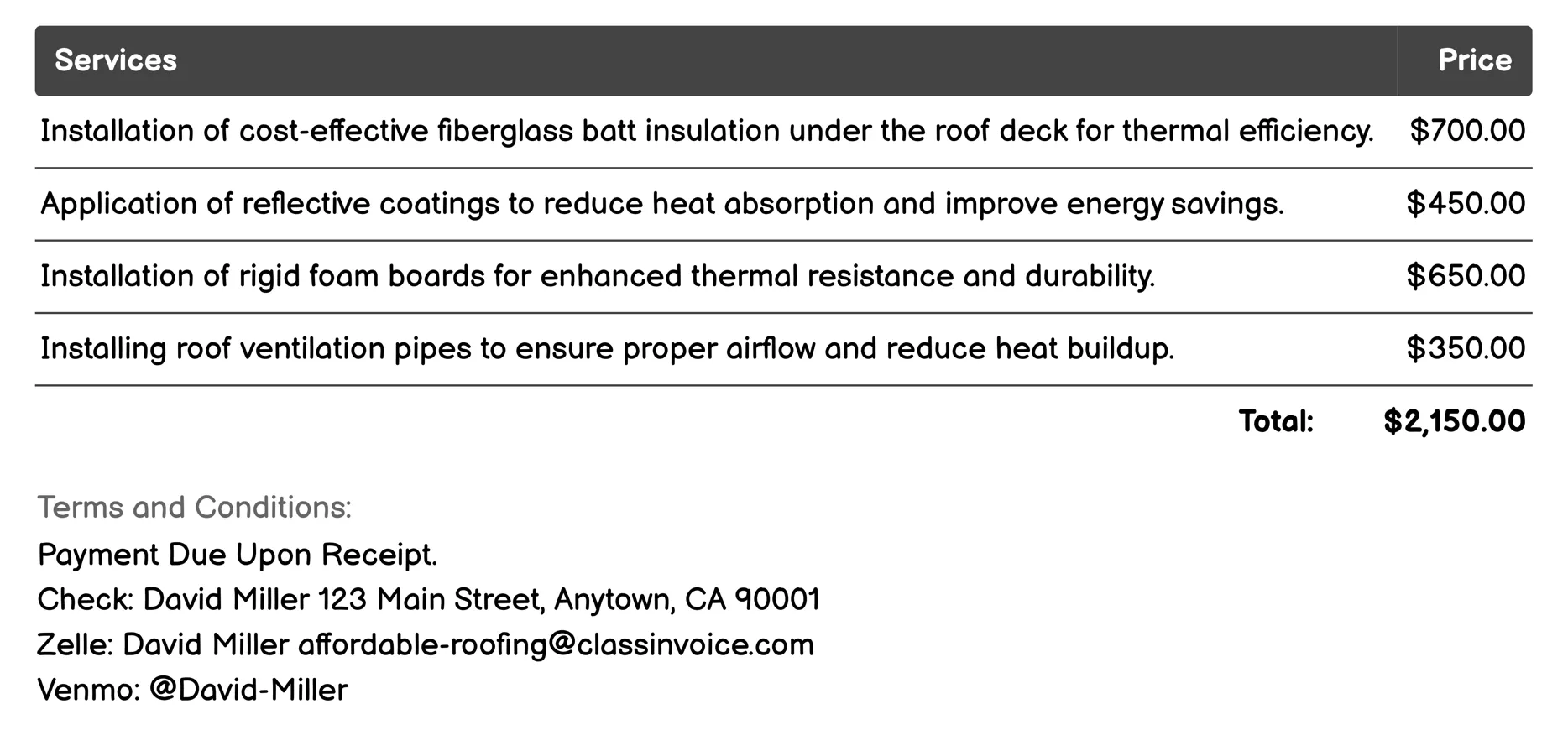 Insulation and Ventilation Invoice Example