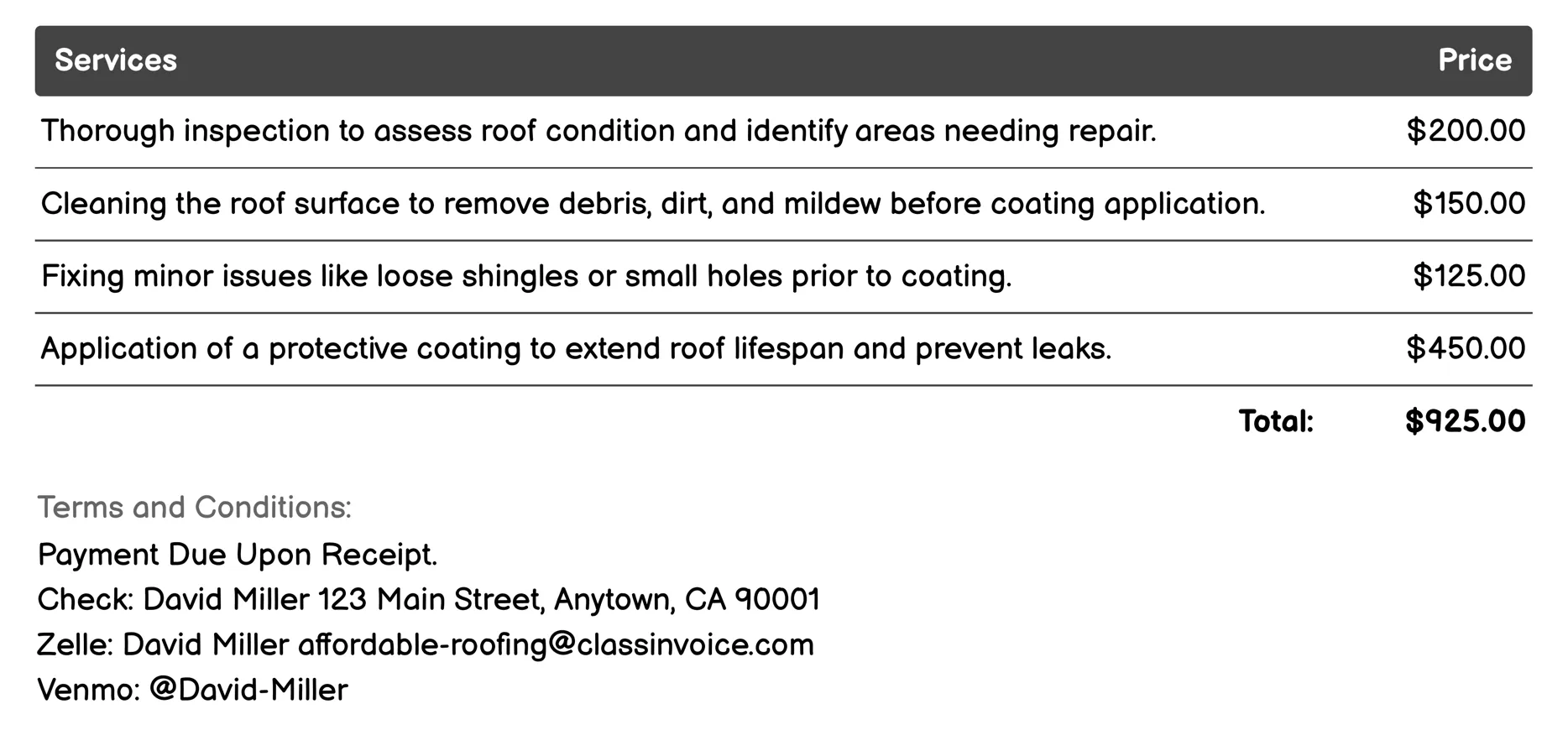Roof Coating Services Invoice Example