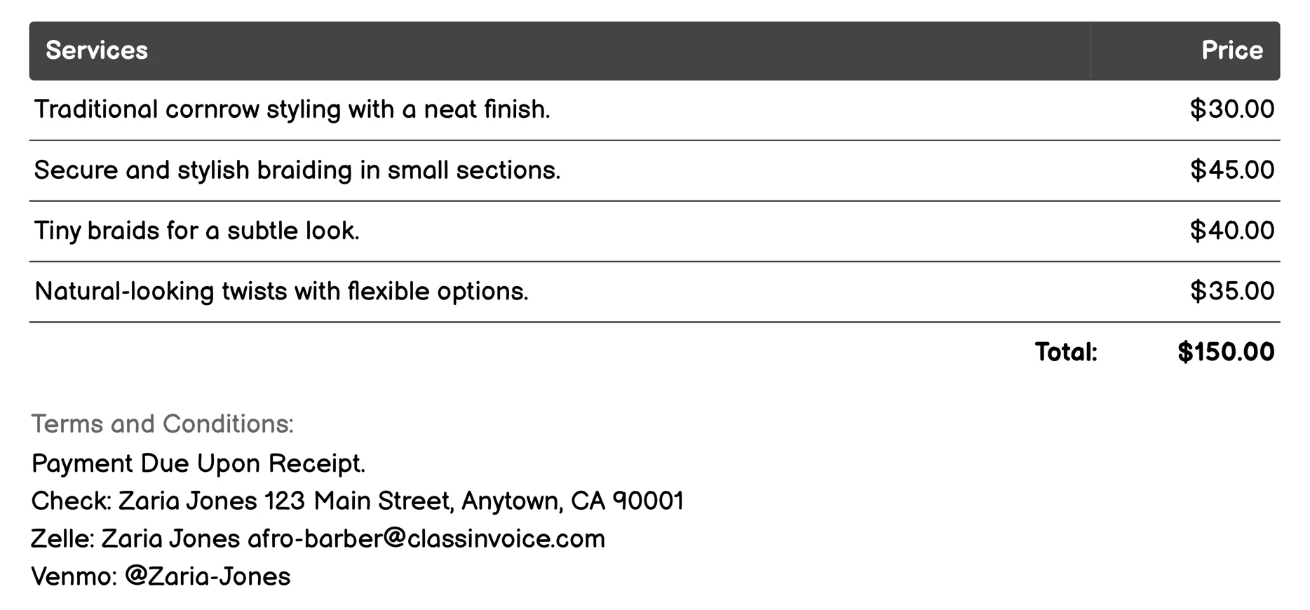 Hair Braiding Invoice Example