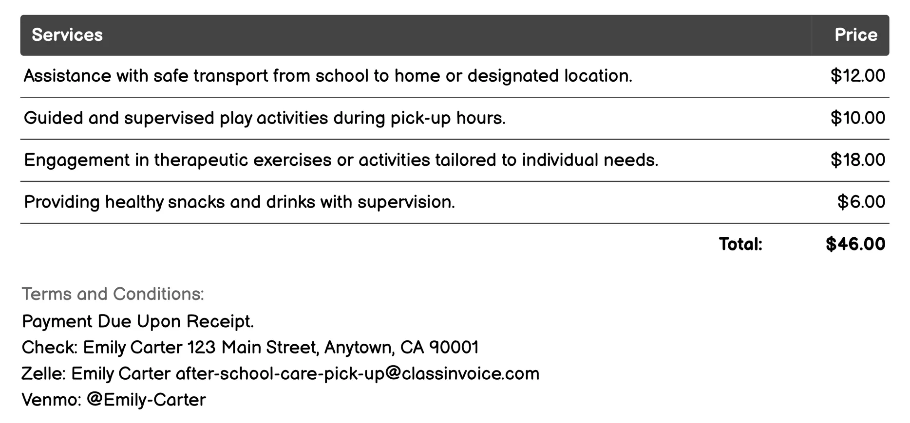 Special Needs Support Invoice Example