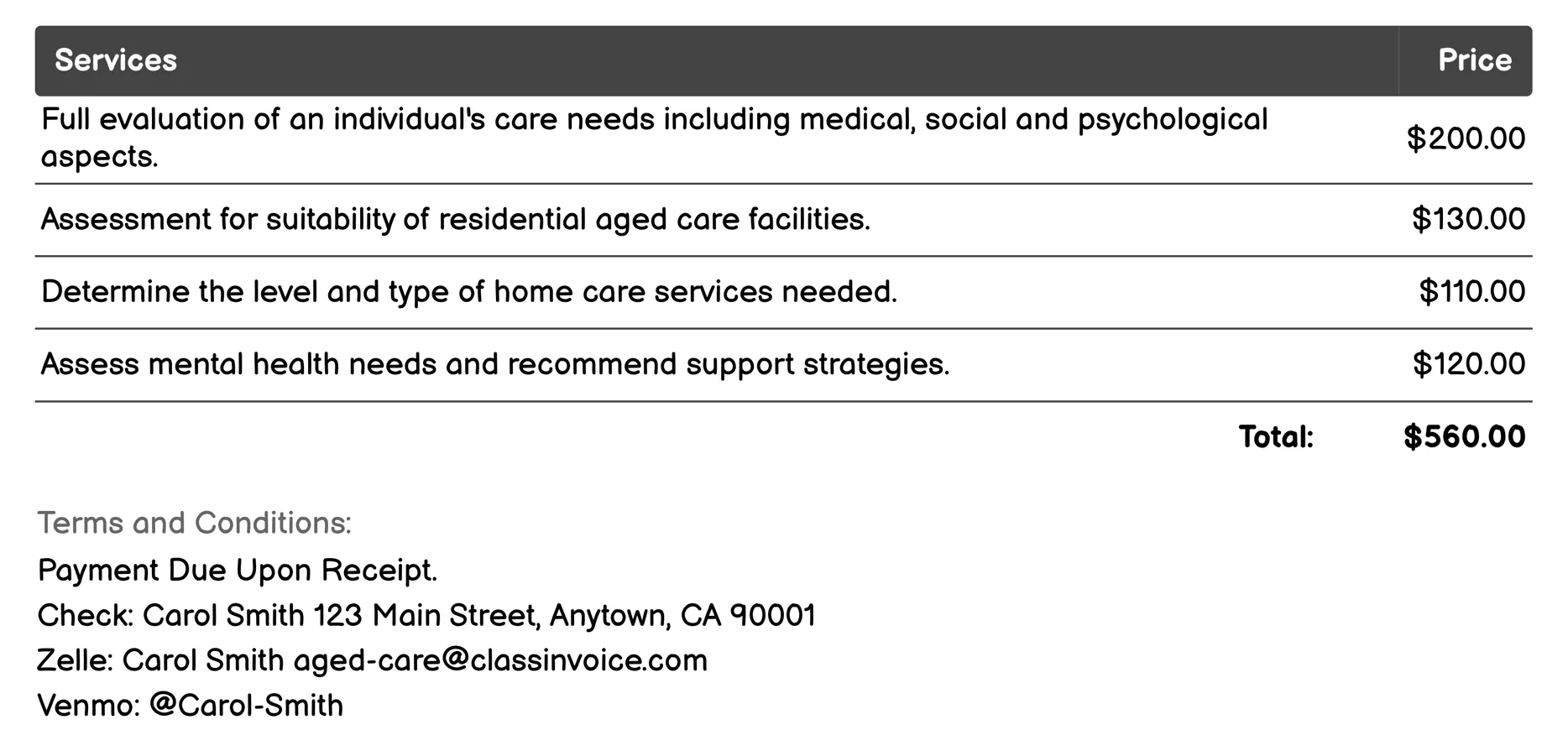 Aged Care Assessment Program Invoice Example