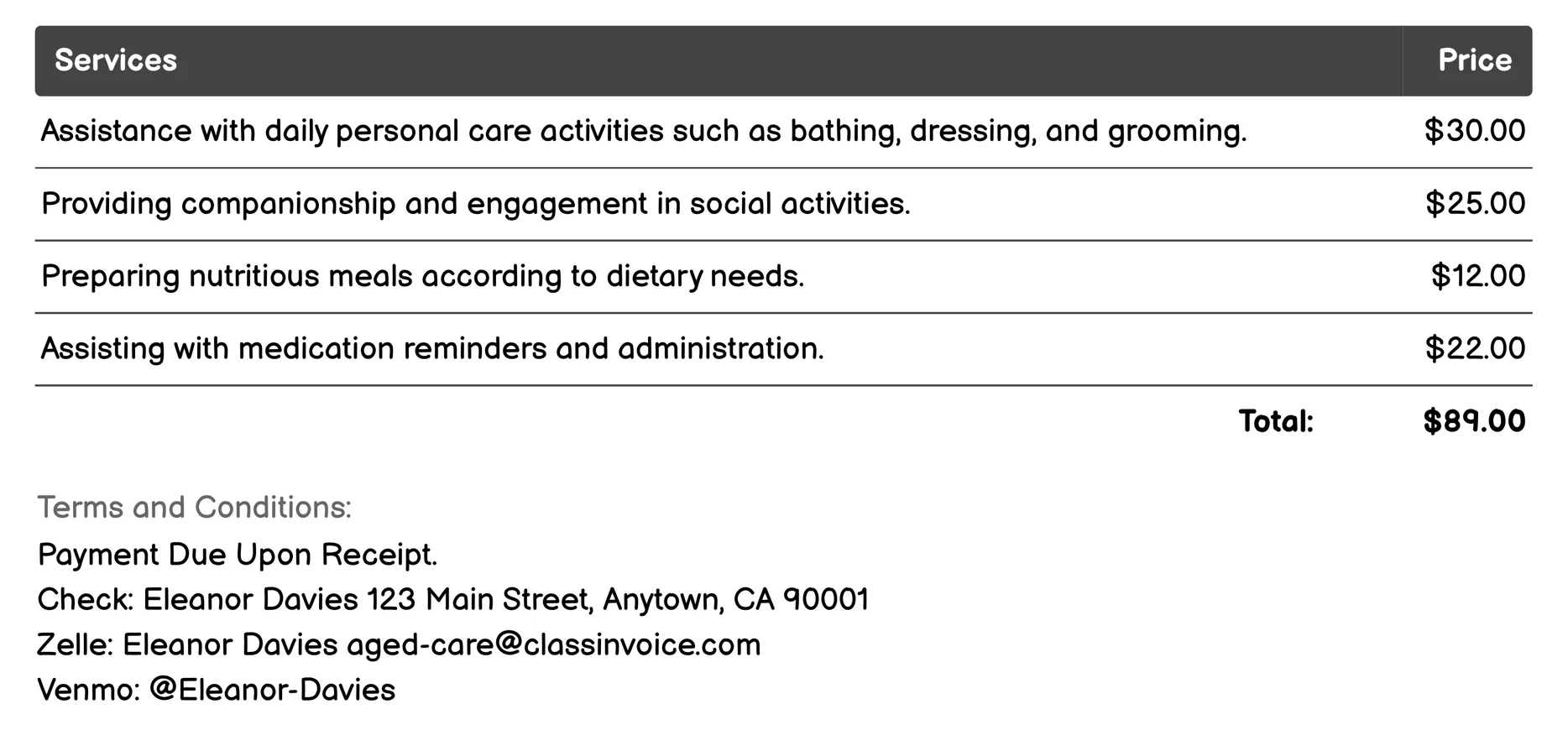 Flexible Care Program Invoice Example