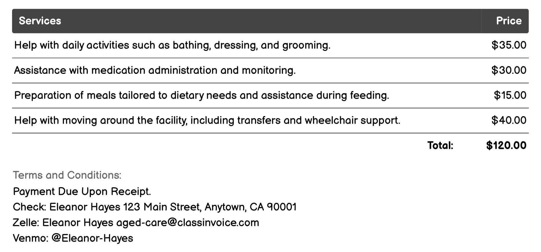 Nursing Home Care Invoice Example