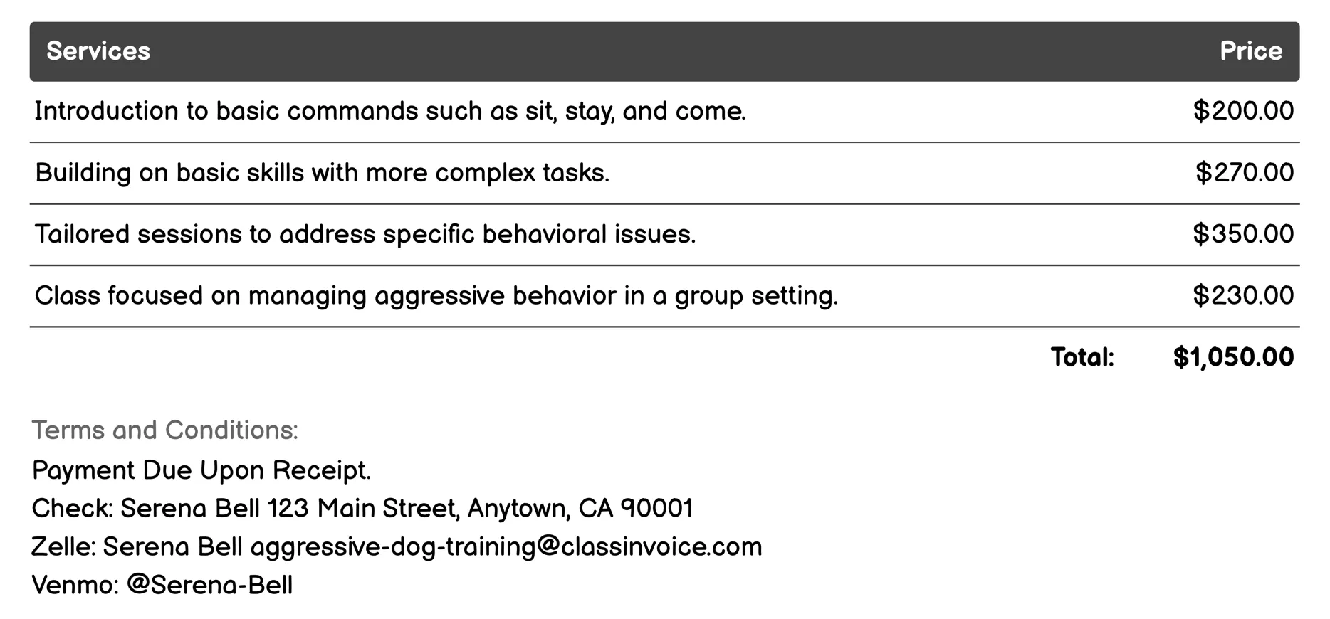 Obedience Training Invoice Example