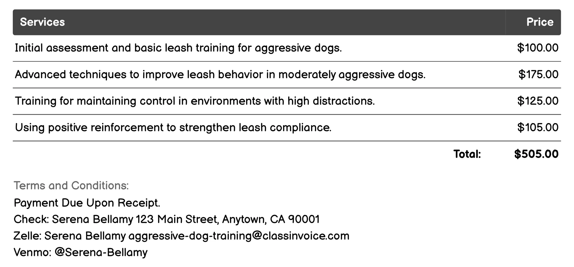 On-Leash Control Training Invoice Example