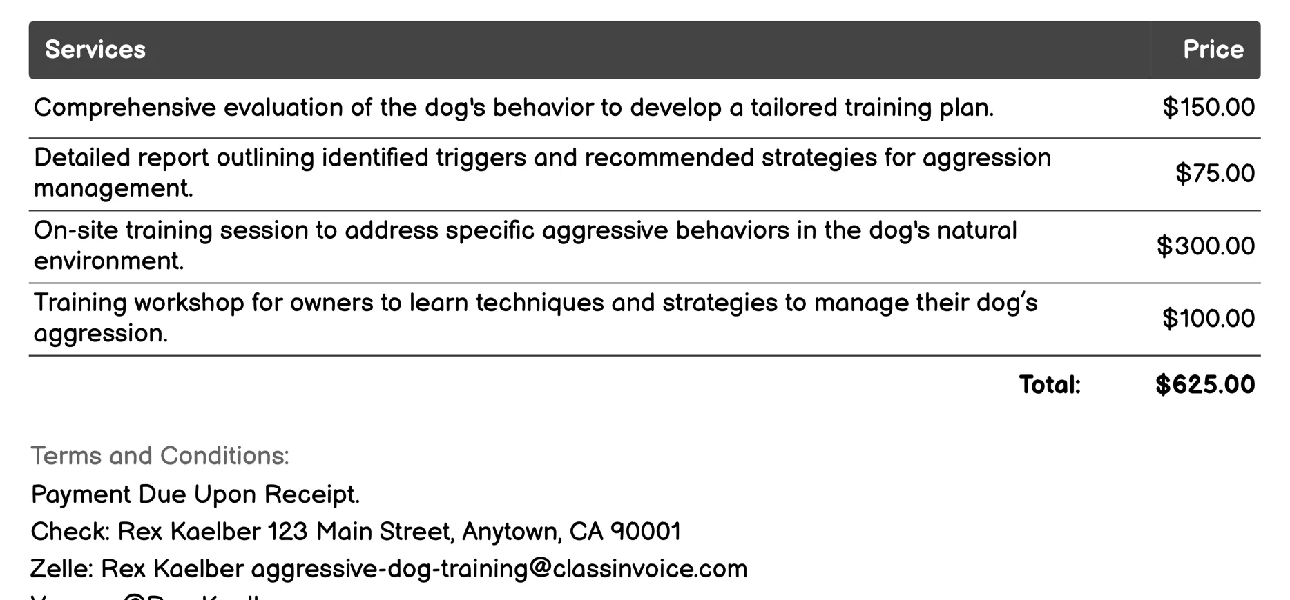 Professional Assessment Invoice Example