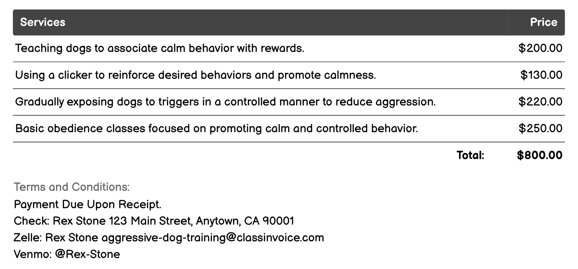 Reinforcement of Calm Behavior Invoice Example