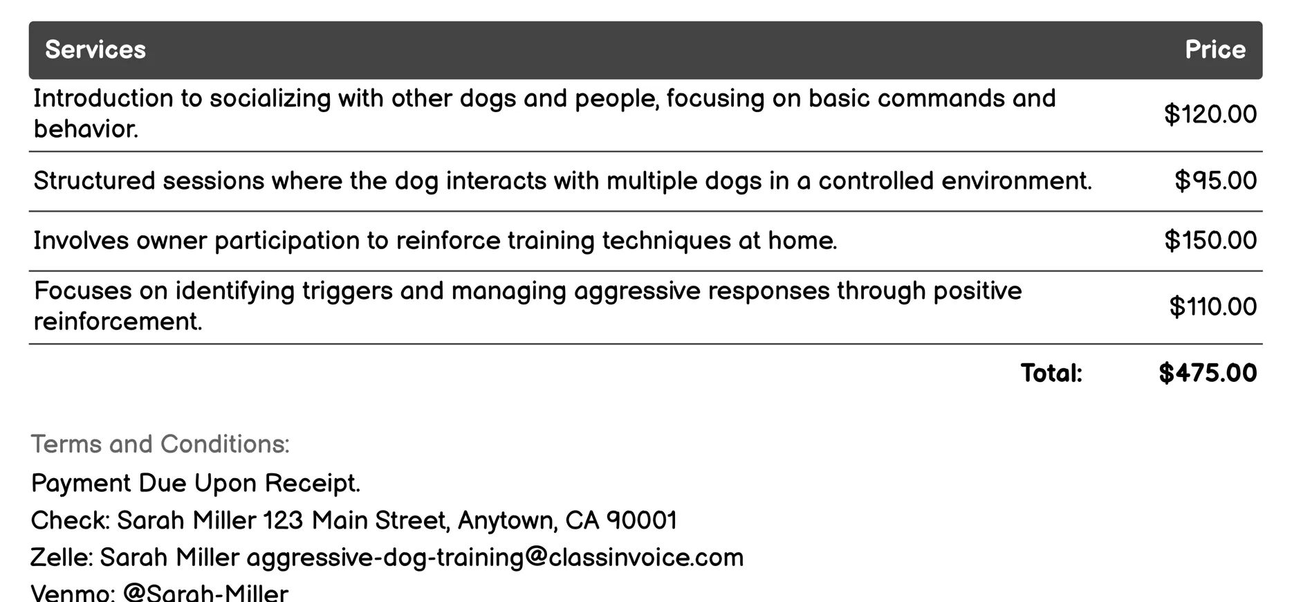 Socialization Classes Invoice Example