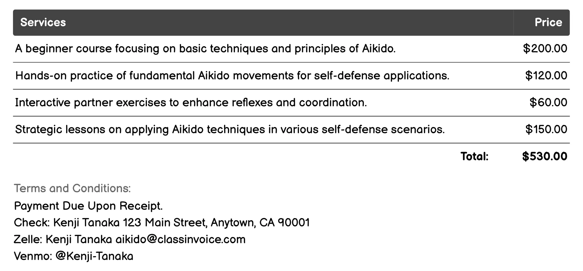 Self-Defense Invoice Example