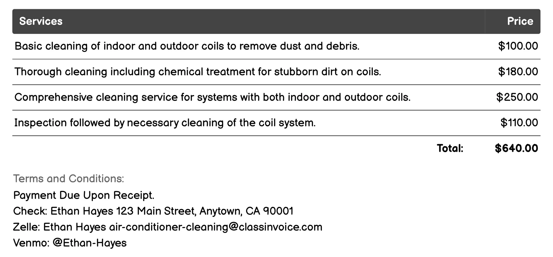 Coil Cleaning Invoice Example