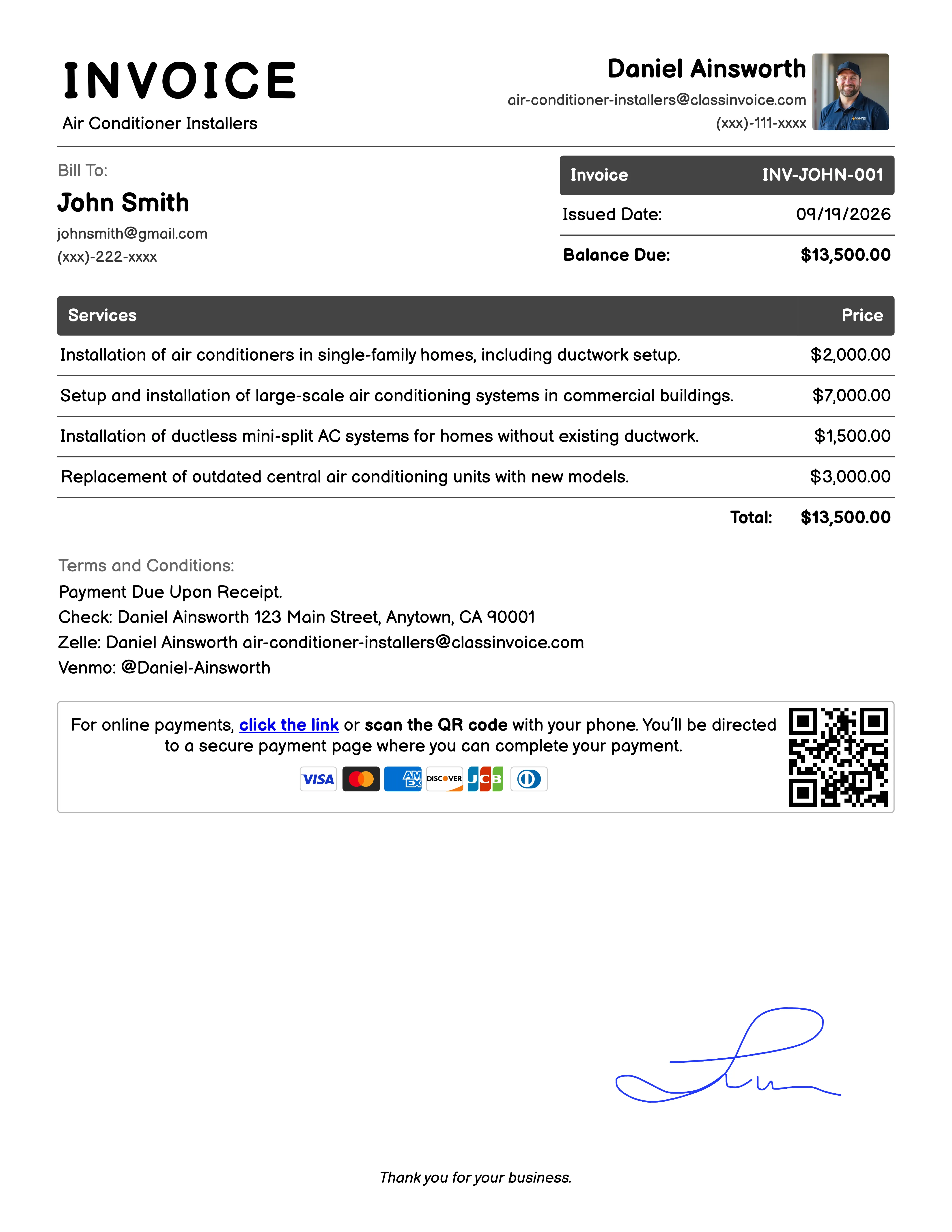 Air Conditioner Installers Invoice Example