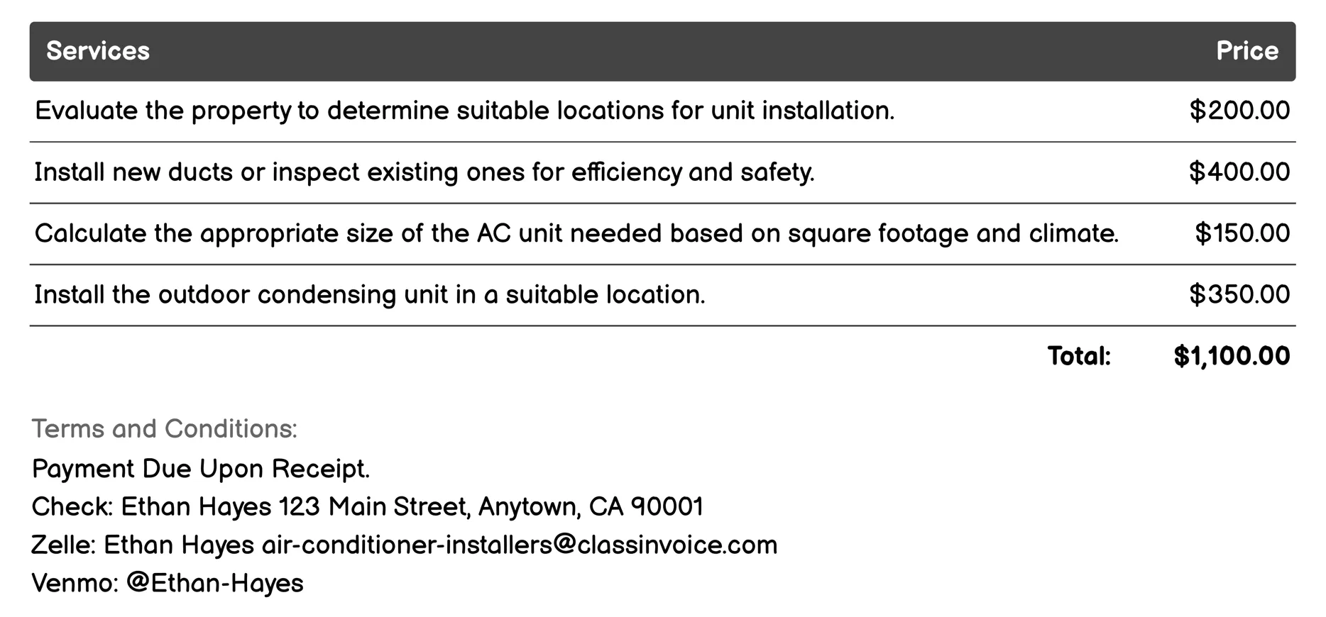 Central Air Conditioning Installation Invoice Example