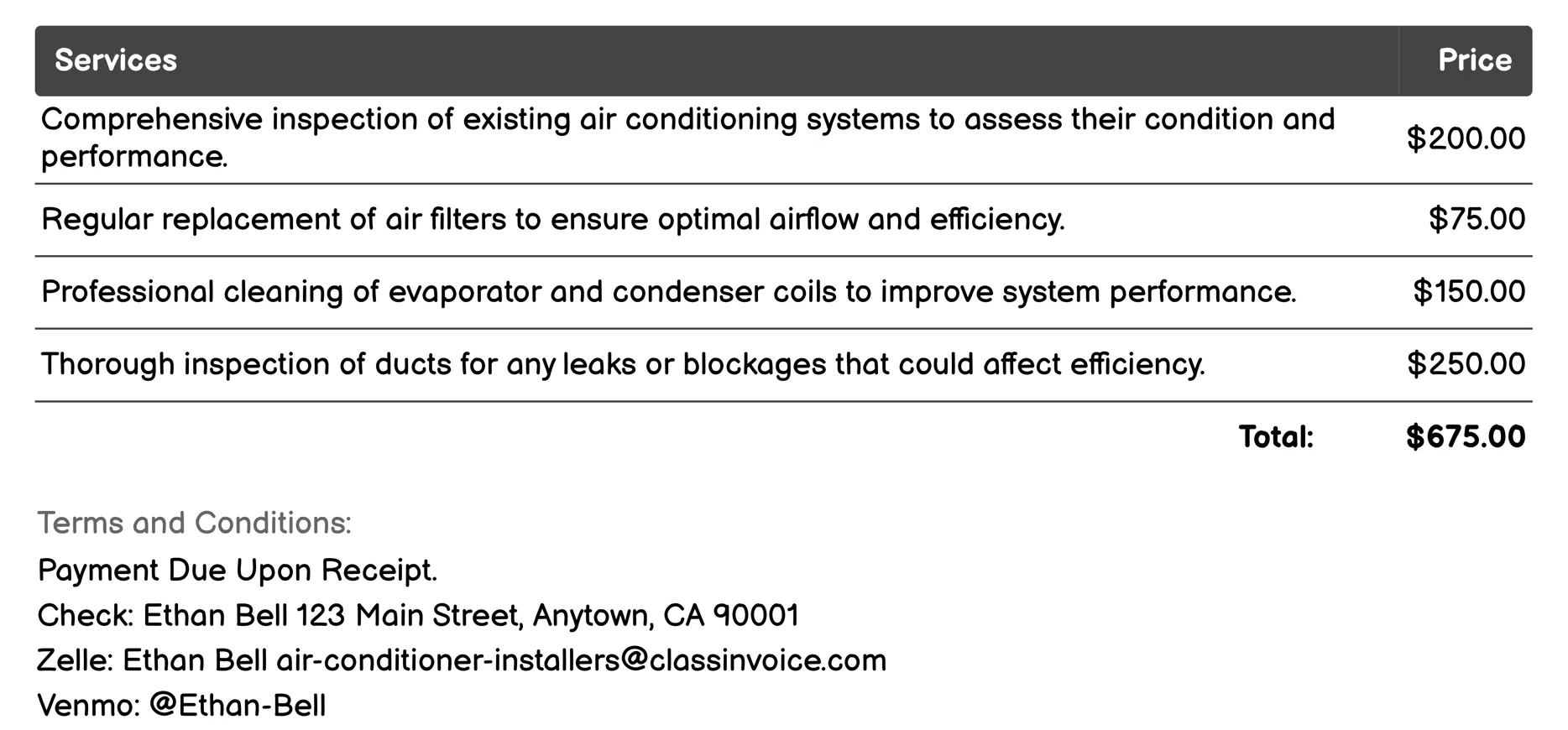 Maintenance Plan Setup Invoice Example