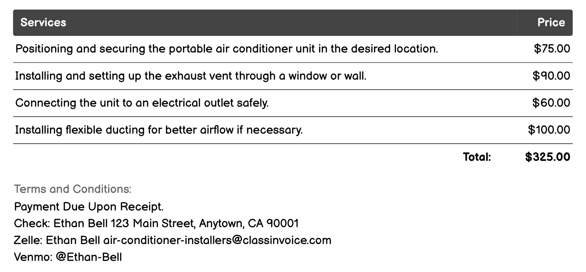 Portable Air Conditioner Installation Invoice Example