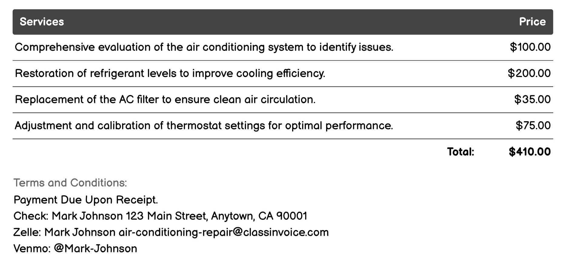 Residential AC Repair Invoice Example