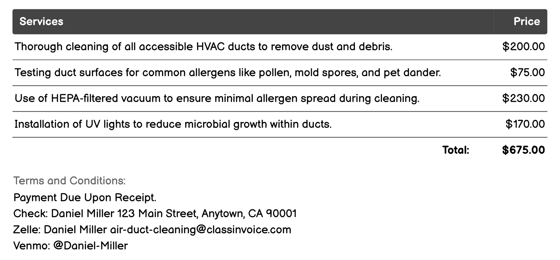 Allergen Removal Service Invoice Example