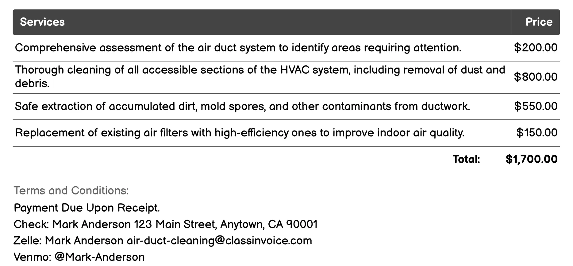 Commercial Air Duct Cleaning Invoice Example