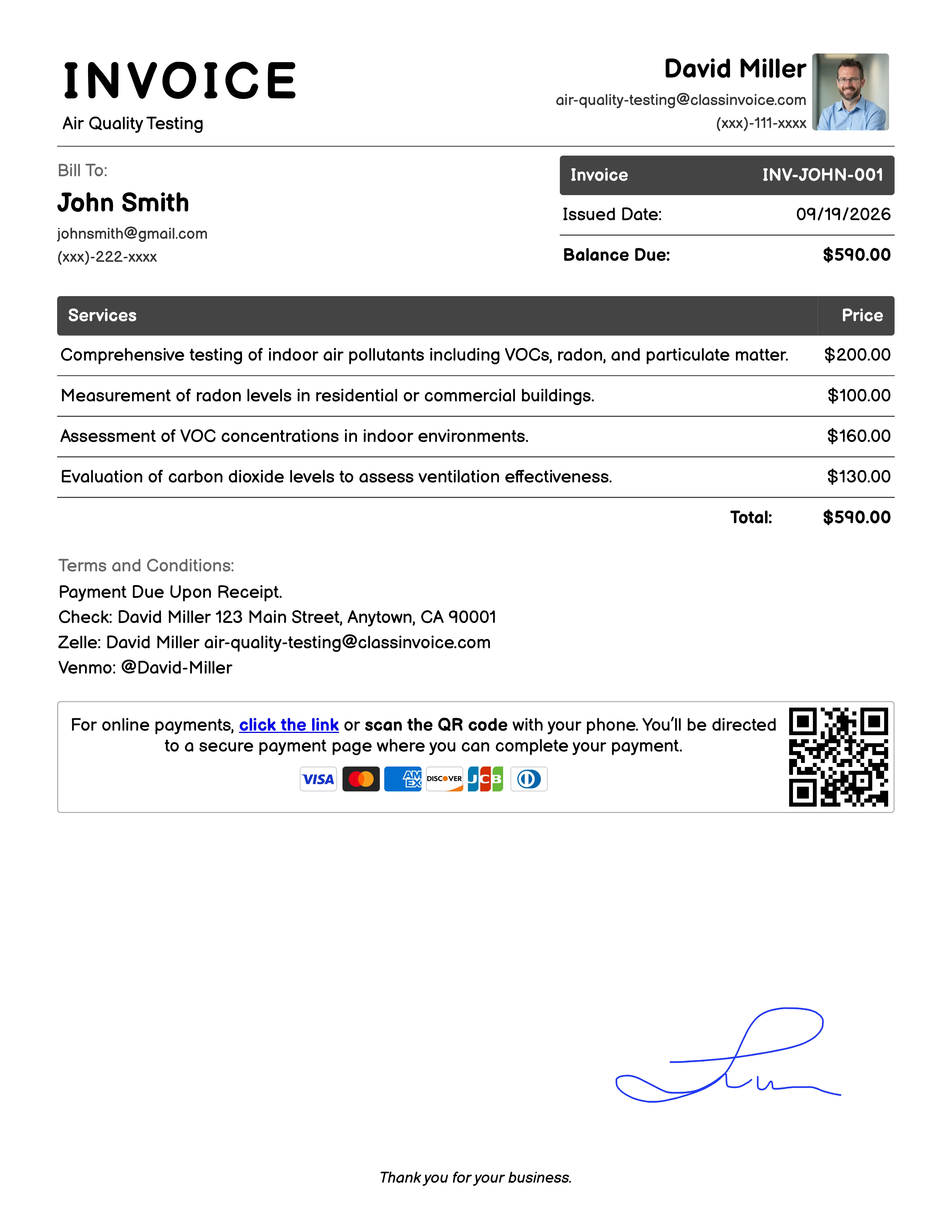 Air Quality Testing Invoice Example