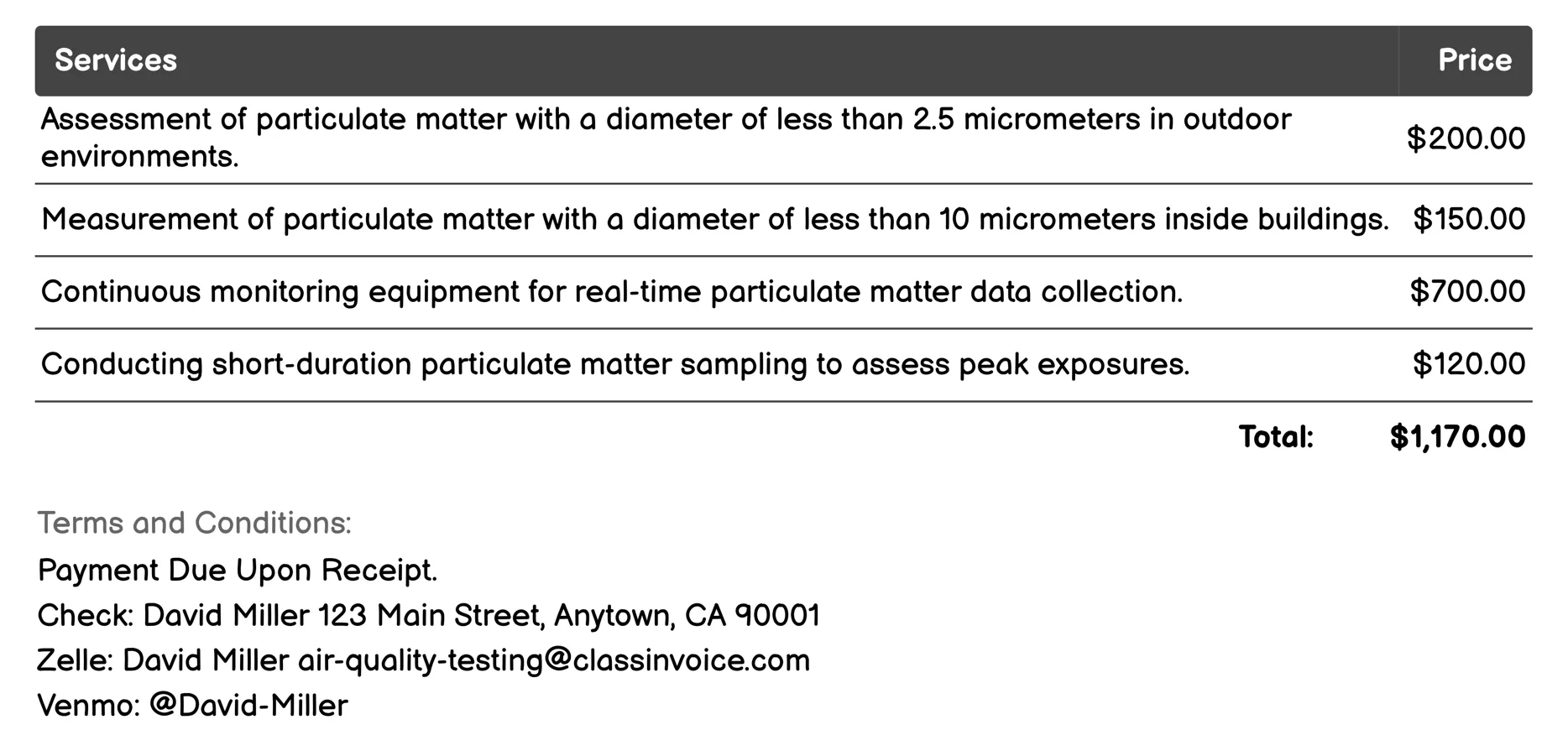 Particulate Matter (PM) Testing Invoice Example