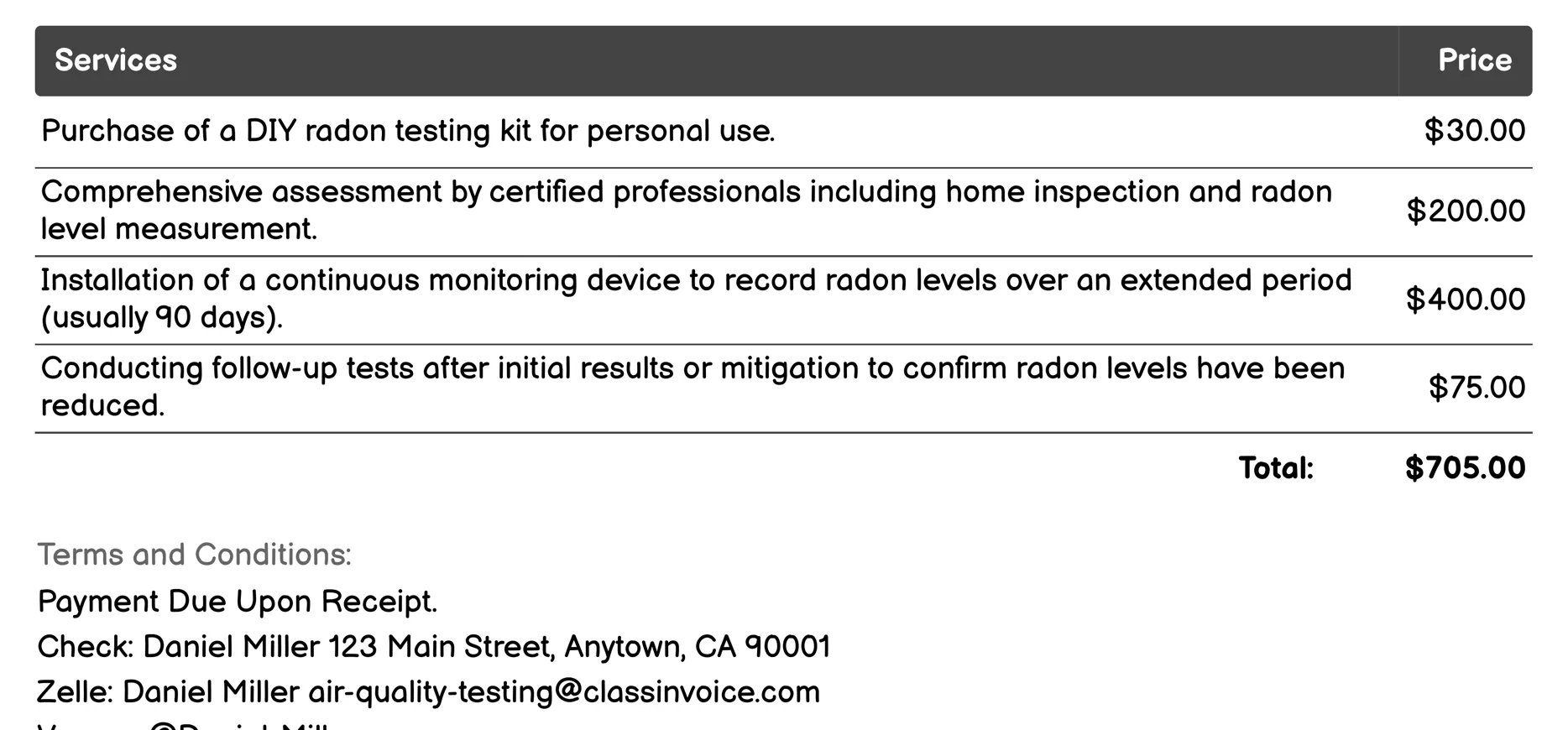 Radon Testing Invoice Example