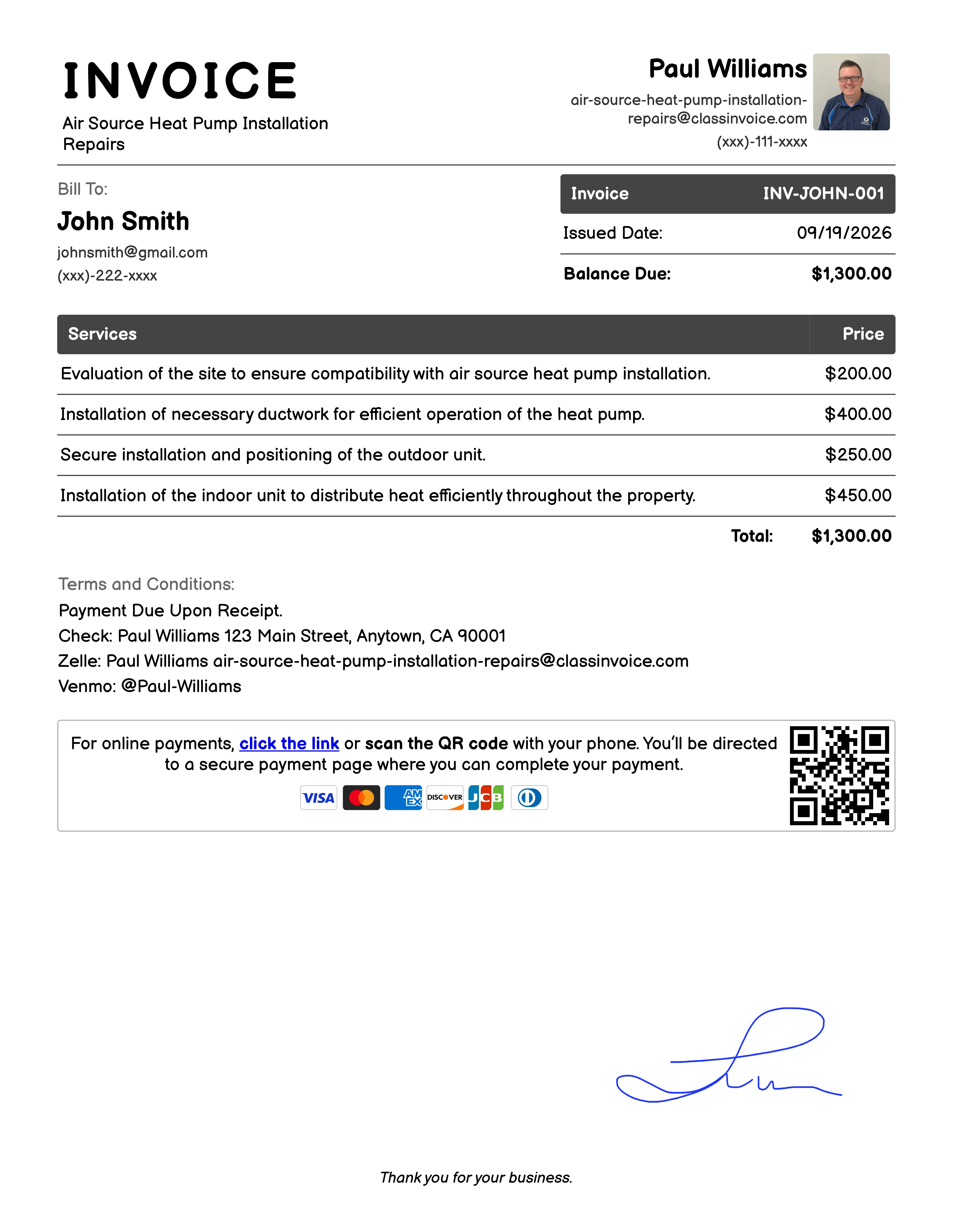 Air Source Heat Pump Installation Repairs Invoice Example