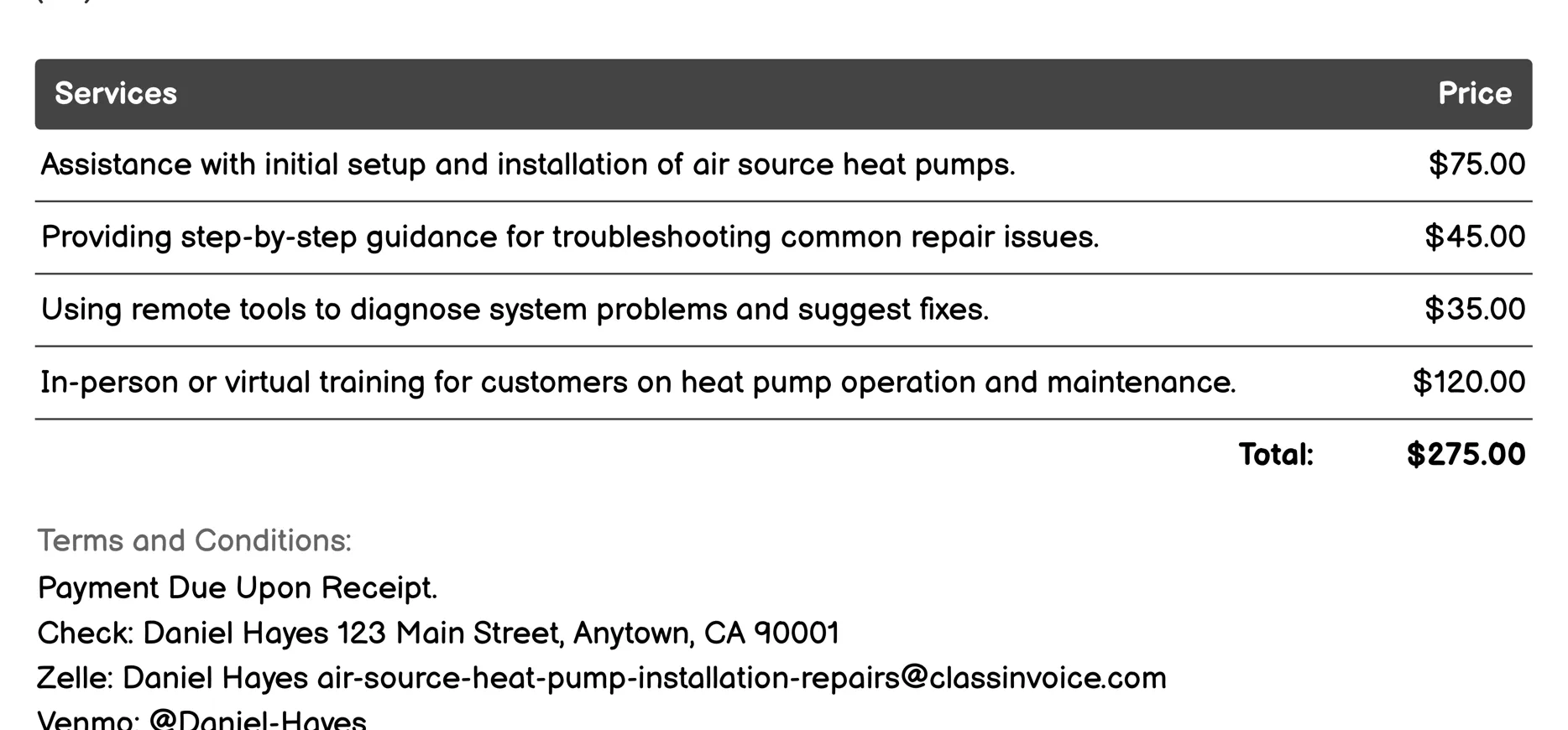 Customer Support and Training Invoice Example