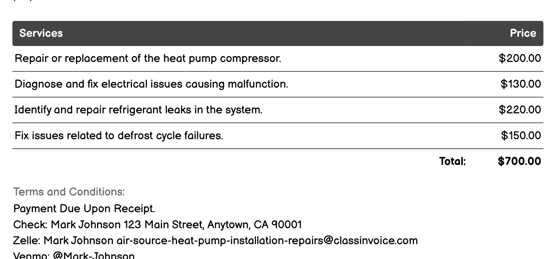 Emergency Repair Invoice Example