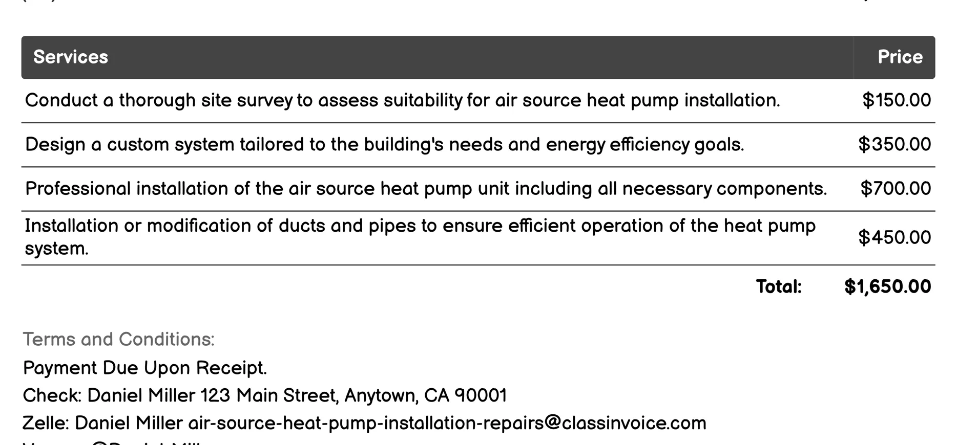 Energy Efficiency Assessment Invoice Example