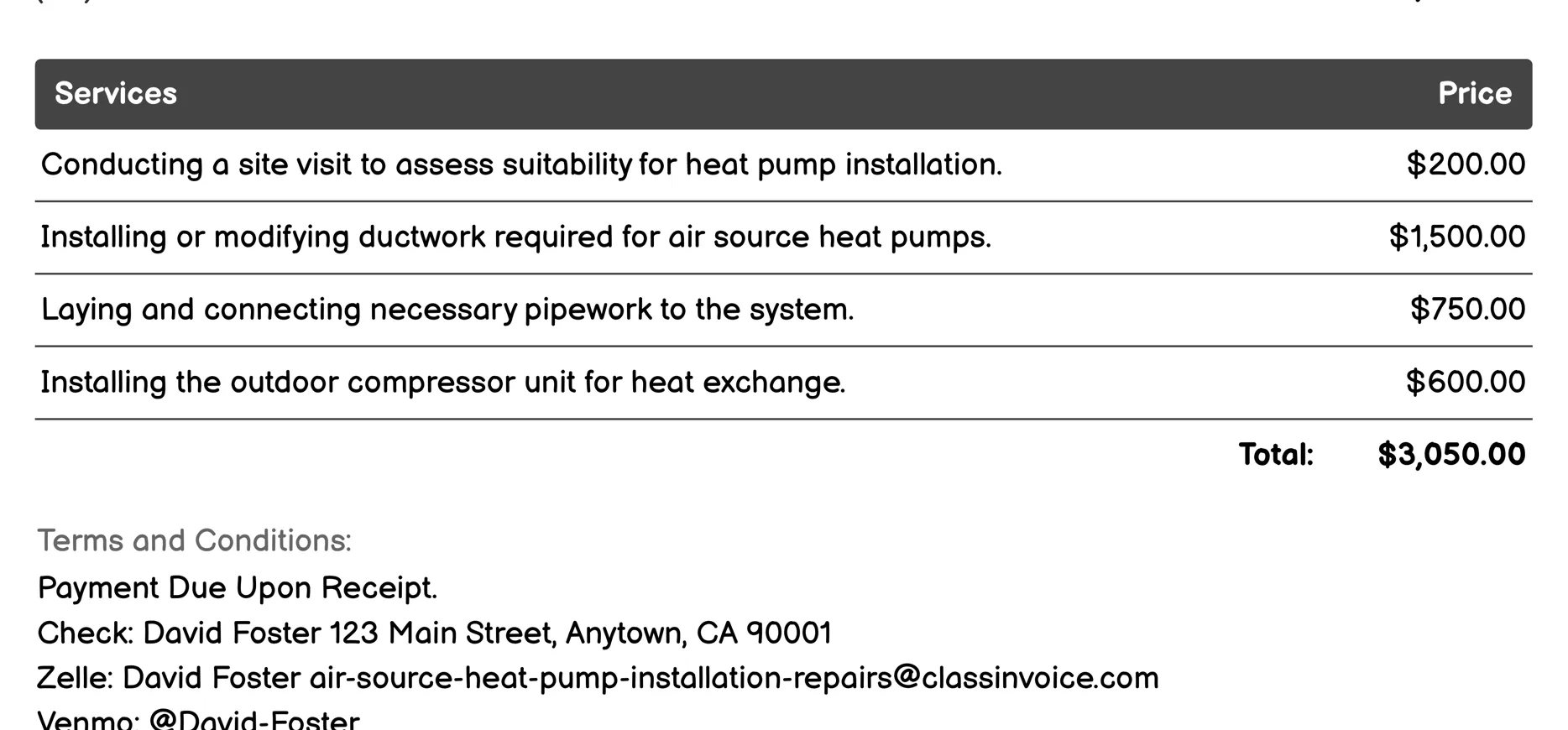Installation Invoice Example