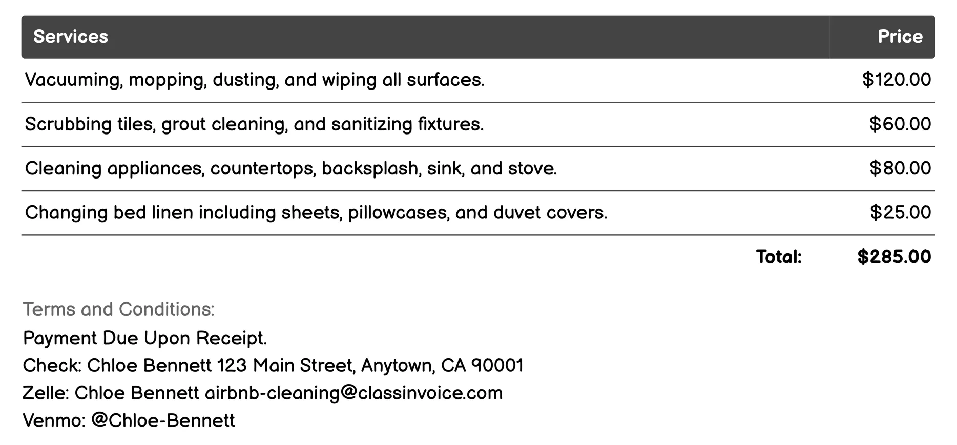 End of Lease Cleaning Invoice Example