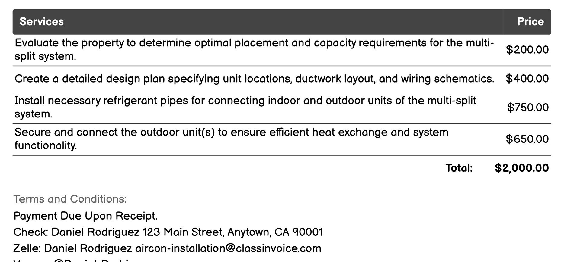 Multi-Split System Installation Invoice Example