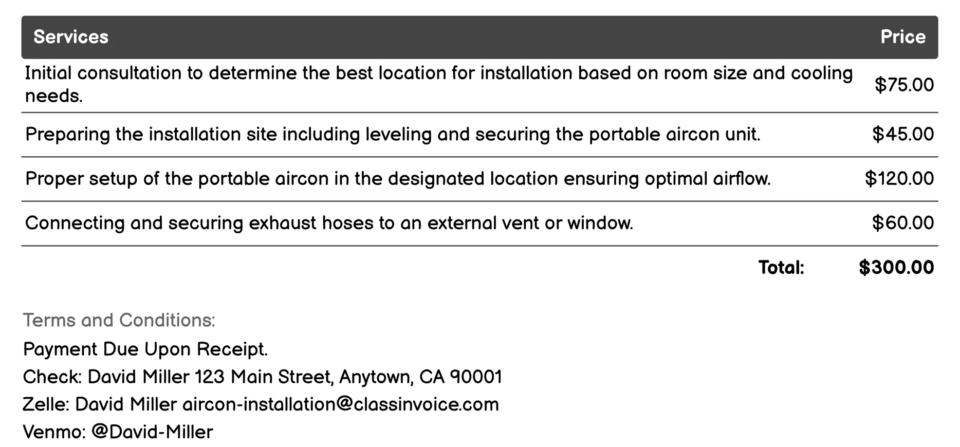 Portable Aircon Installation Invoice Example
