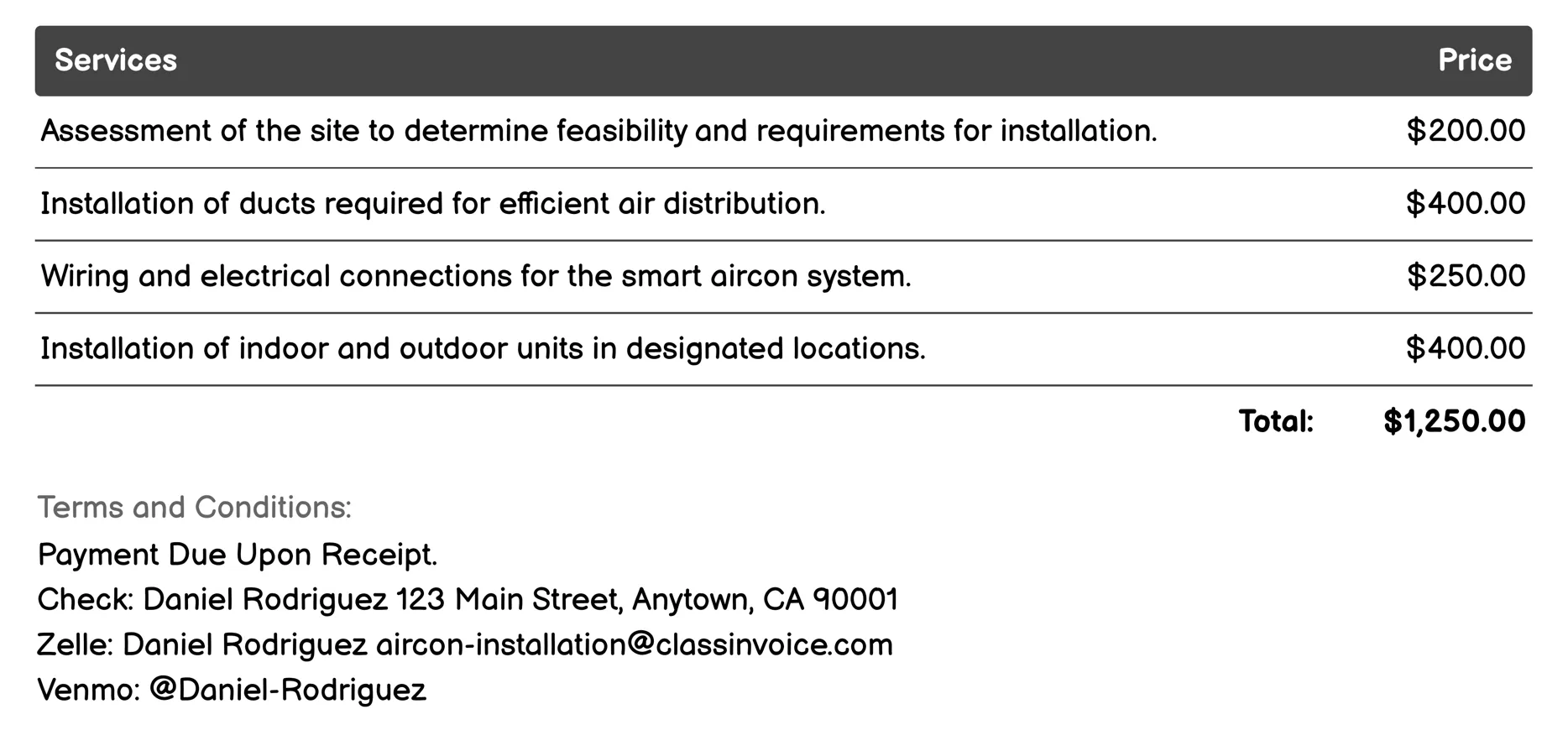 Smart Aircon System Installation Invoice Example