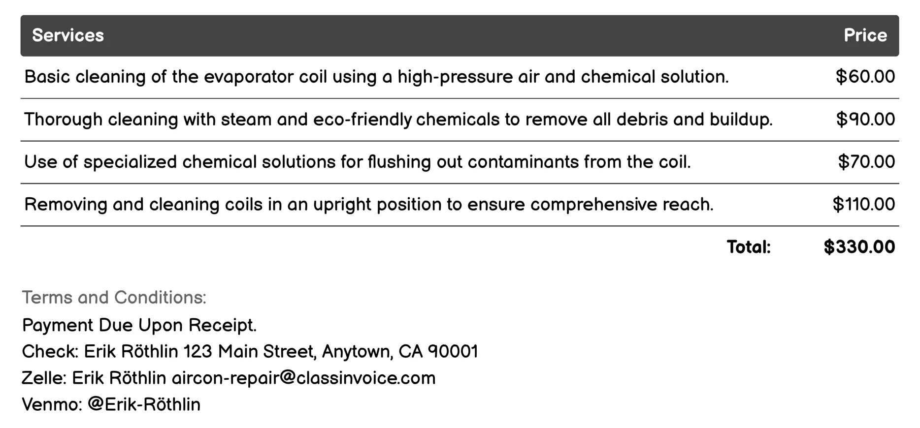 Coil Cleaning Invoice Example